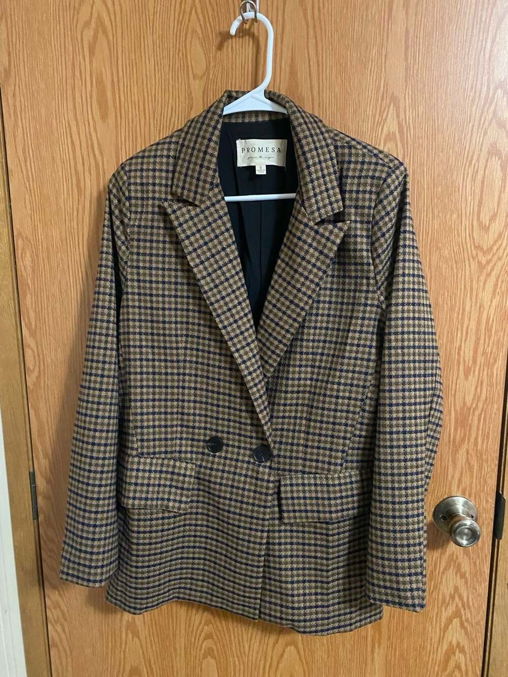 Promesa Promise to Inspire Brown Blue Plaid Double-Breasted Blazer Size S